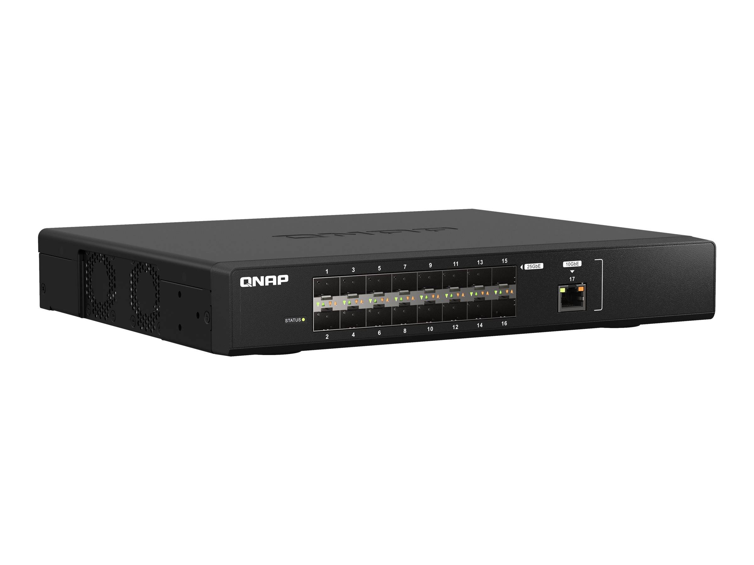 Schwarzes QNAP-Rackmount-Netzwerkspeicher-Gerät mit LED-Statusanzeigen an der Vorderseite und einzelnem Ethernet-Anschluss auf weißem Hintergrund