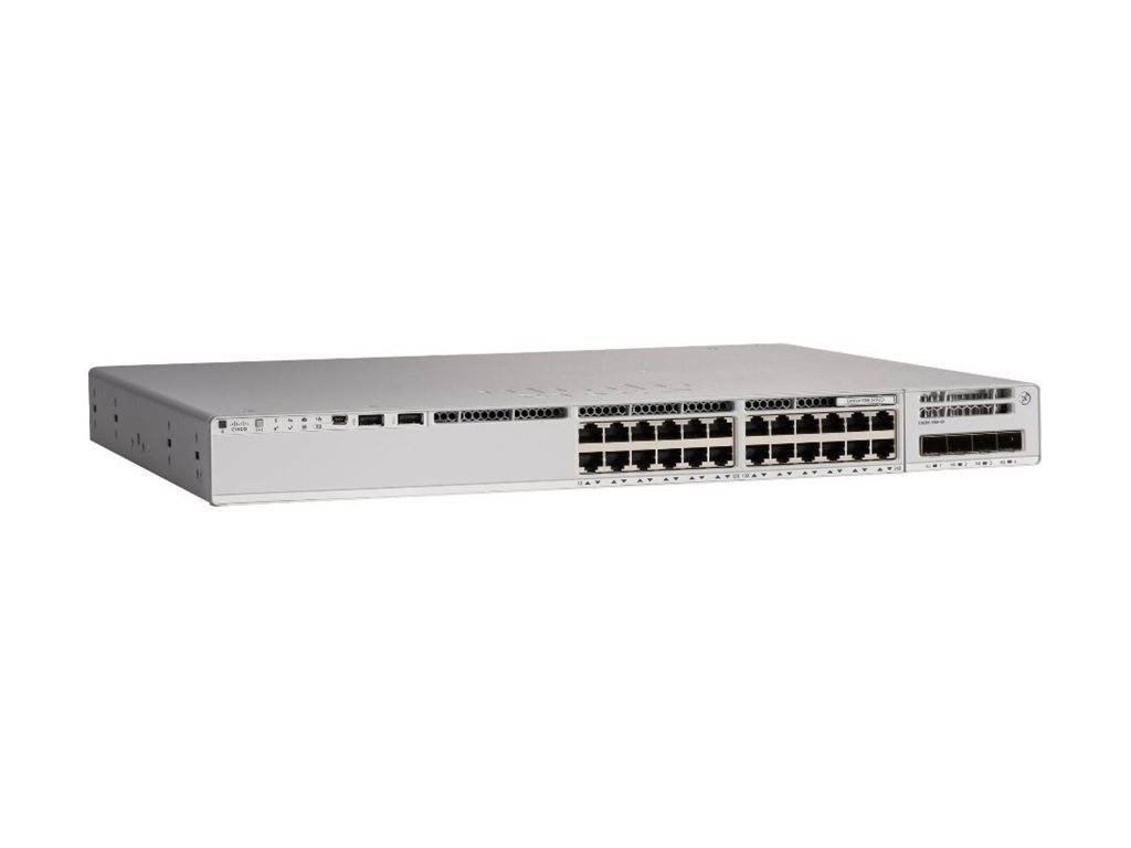 Frontansicht eines Rackmount-Netzwerk-Switches mit mehreren Ethernet-Anschlüssen und Status-LEDs auf weißem Hintergrund.