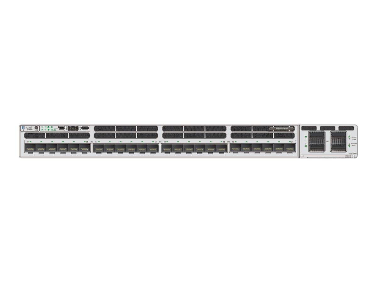 Frontansicht eines Rack-montierten Netzwerk-Switches mit vielen Ethernet-Anschlüssen und zwei großen Uplink-Modulen auf der rechten Seite.