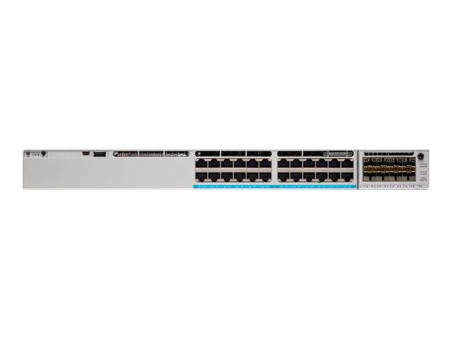 Frontansicht eines Cisco Catalyst Netzwerk-Switches mit mehreren Ethernet-Ports und Anzeigelichtern auf einem montierfahigen silbernen Gehäuse.