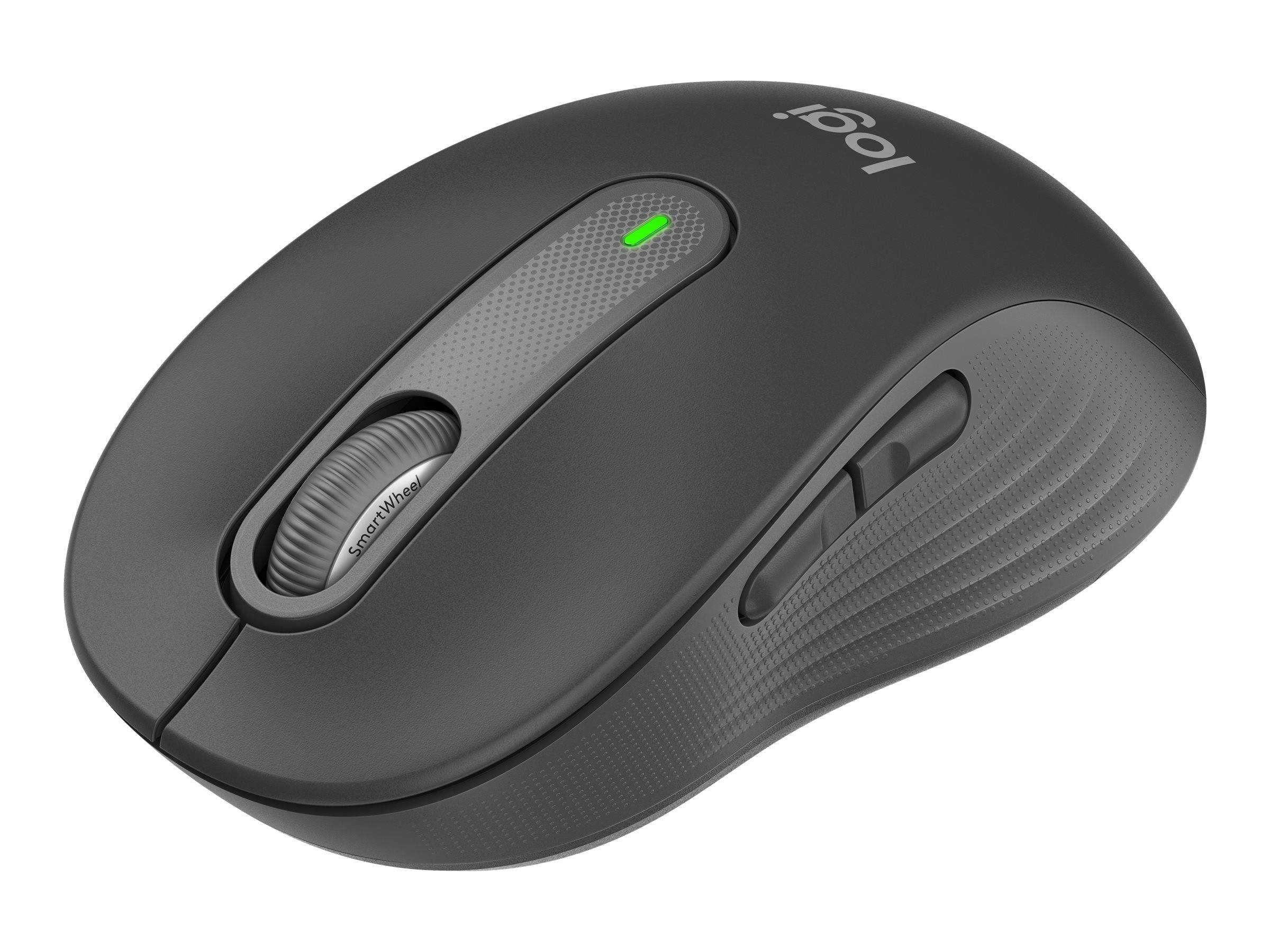Schwarze kabellose Logitech-Computermaus mit grünem Statuslicht und Scrollrad