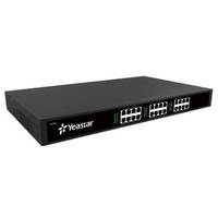 Schwarzes Yeastar-Rackmount-Netzwerkgerät mit mehreren vorderen Ethernet-Anschlüssen auf weißem Hintergrund.