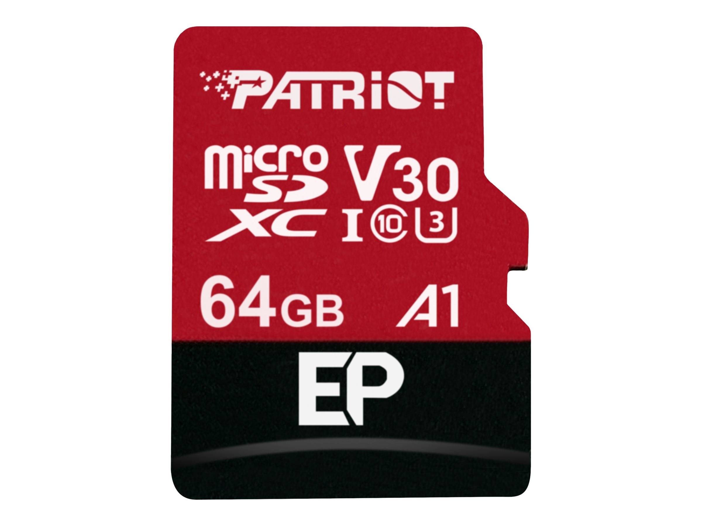 Patriot 64GB microSD-Karte, gekennzeichnet mit V30, A1, U3 und EP.
