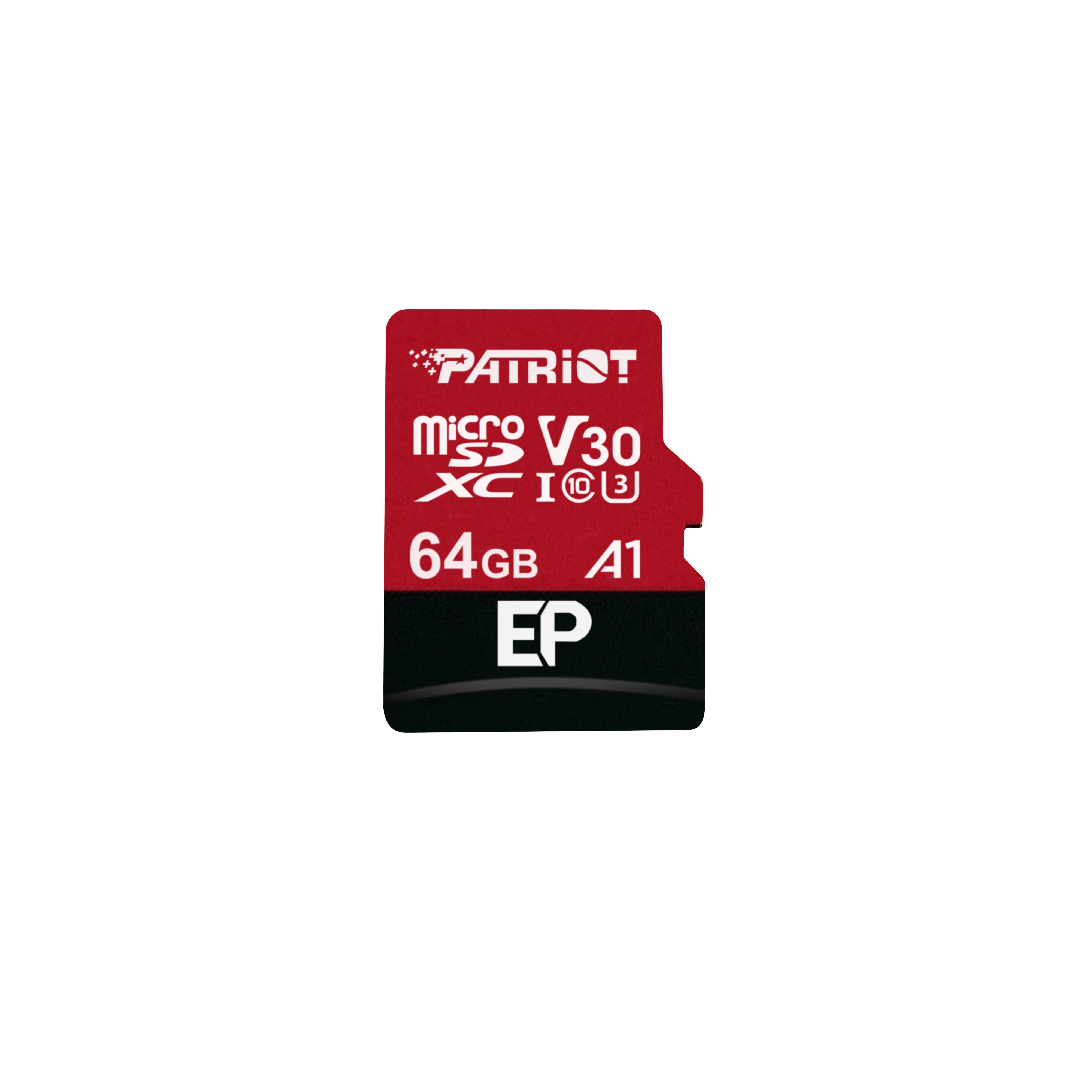 Patriot 64GB microSD Speicherkarte, rot und schwarz, gekennzeichnet mit V30, A1 und EP.