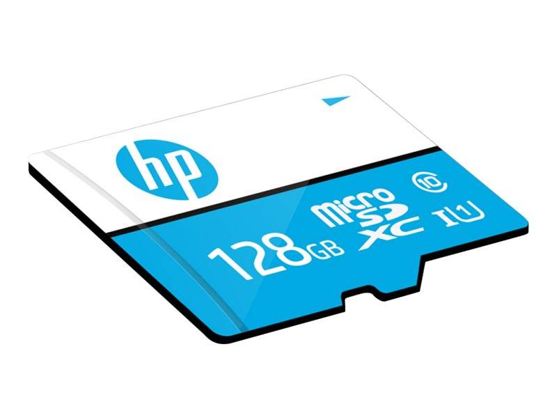 HP 128GB microSDXC-Speicherkarte in Blau- und Weiß-Verpackungsdesign.