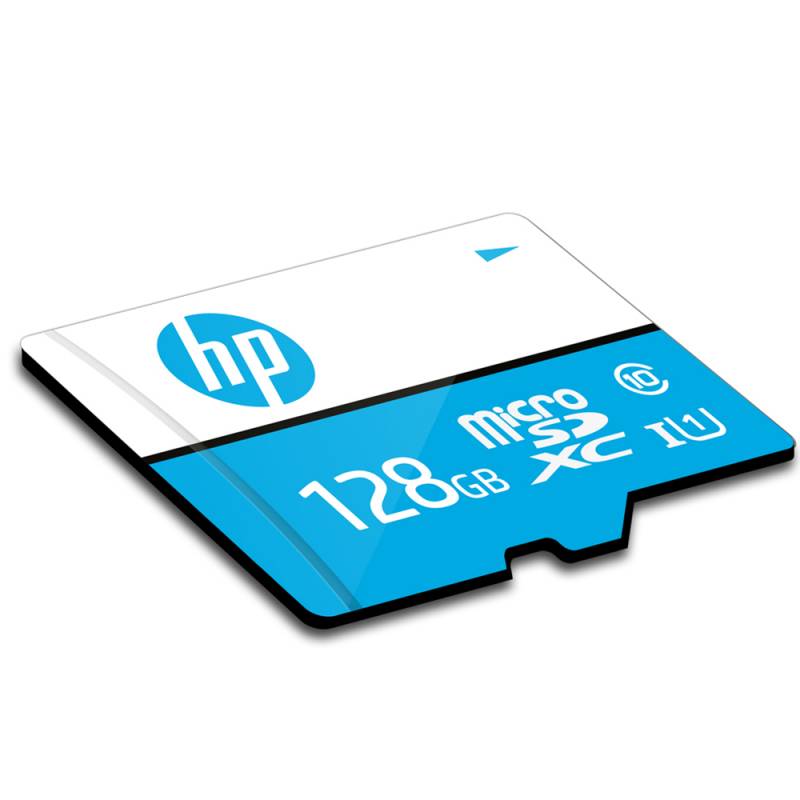 HP 128GB microSD-Speicherkarte mit blau-weißem Etikett, in einem Winkel auf weißem Hintergrund dargestellt.