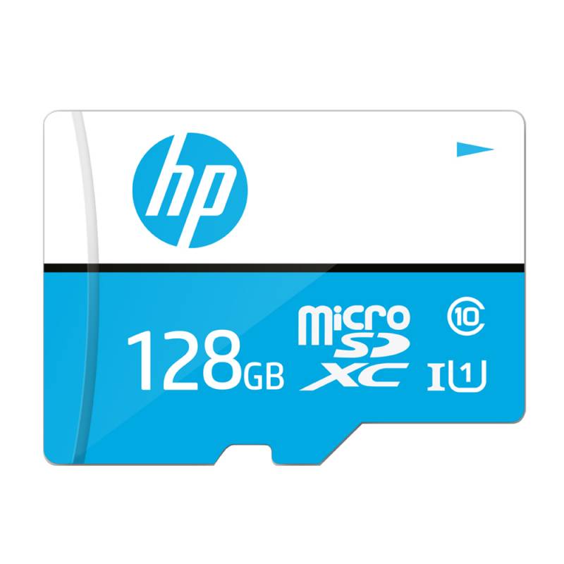HP 128GB microSDXC-Speicherkarte, mit HP-Logo und Geschwindigkeitsklassensymbolen auf einer blau-weißen Karte.
