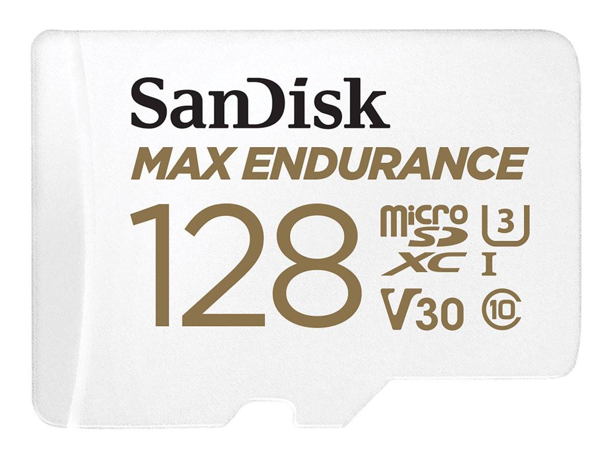 SanDisk Max Endurance 128GB microSD-Karte mit U3, V30 und Class-10-Geschwindigkeitsbewertungen auf einer weißen Karte.