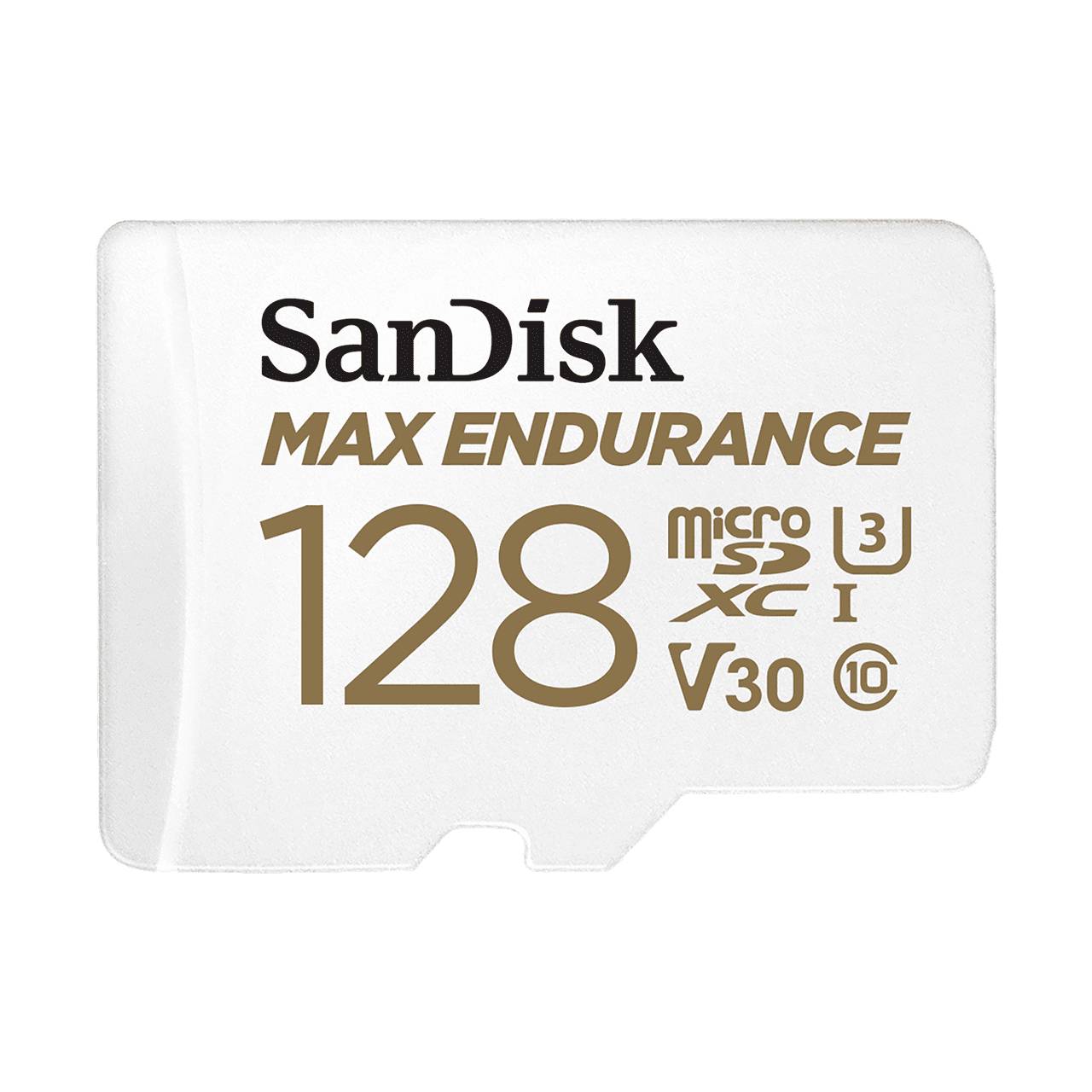 SanDisk Max Endurance 128GB microSD-Karte mit Geschwindigkeitsklasse-Symbolen und U3/V30-Bewertungen auf weißem Hintergrund.