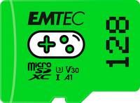 Grüne EMTEC microSD-Karte mit der Bezeichnung „128", mit U3- und V30-Geschwindigkeitseinstufungen und A1-Klassenmarkierung.