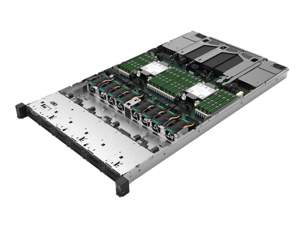 Open-Rack-Server-Gehäuse mit freiliegenden internen Komponenten, einschließlich Lüfter, Festplattenschächte, Leiterplatten und Kühlmodule.