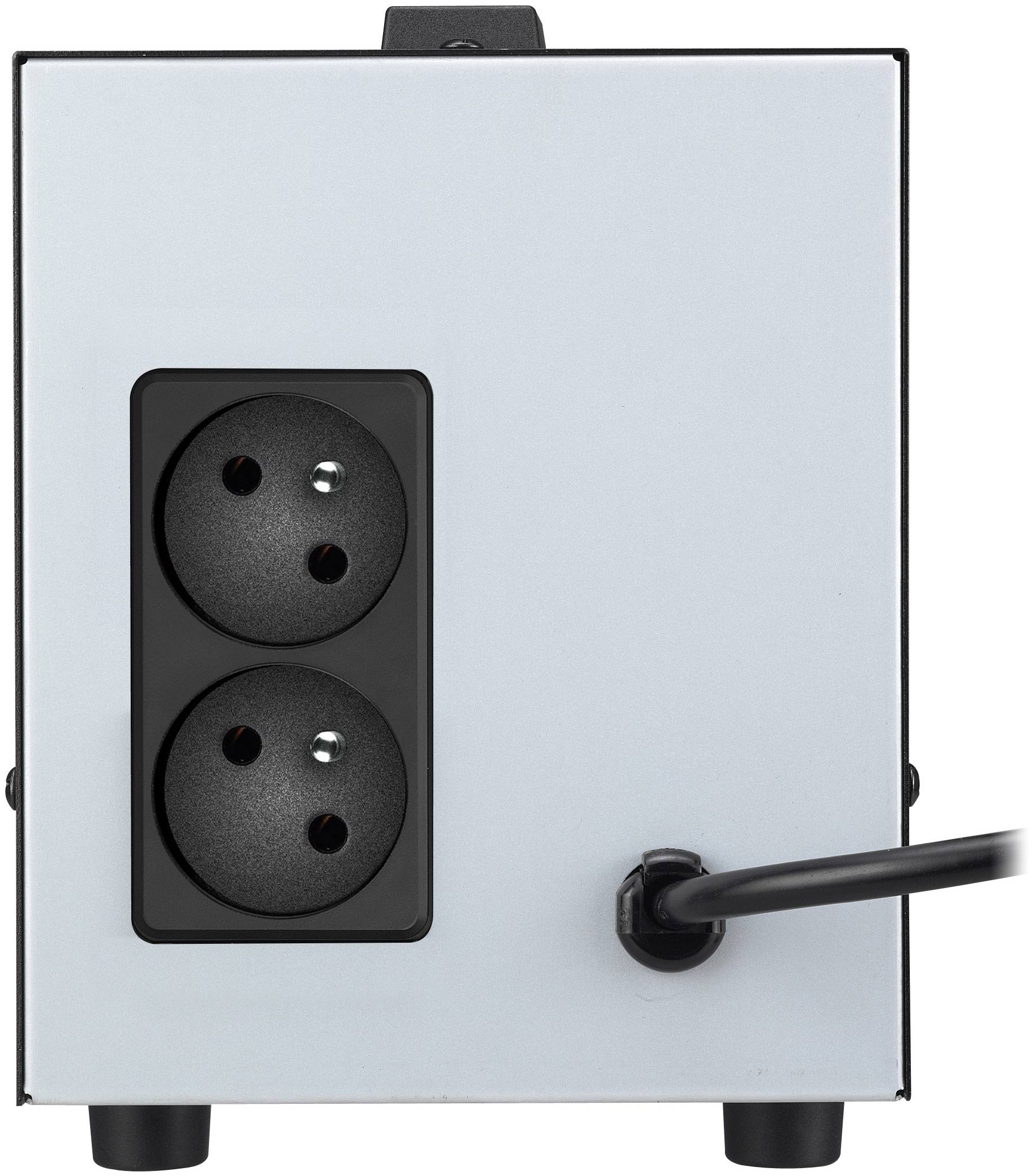 Vorderansicht einer silbernen elektrischen Stromeinheit mit zwei runden Steckdosen auf der linken Seite und einem angeschlossenen schwarzen Kabel auf der rechten Seite.