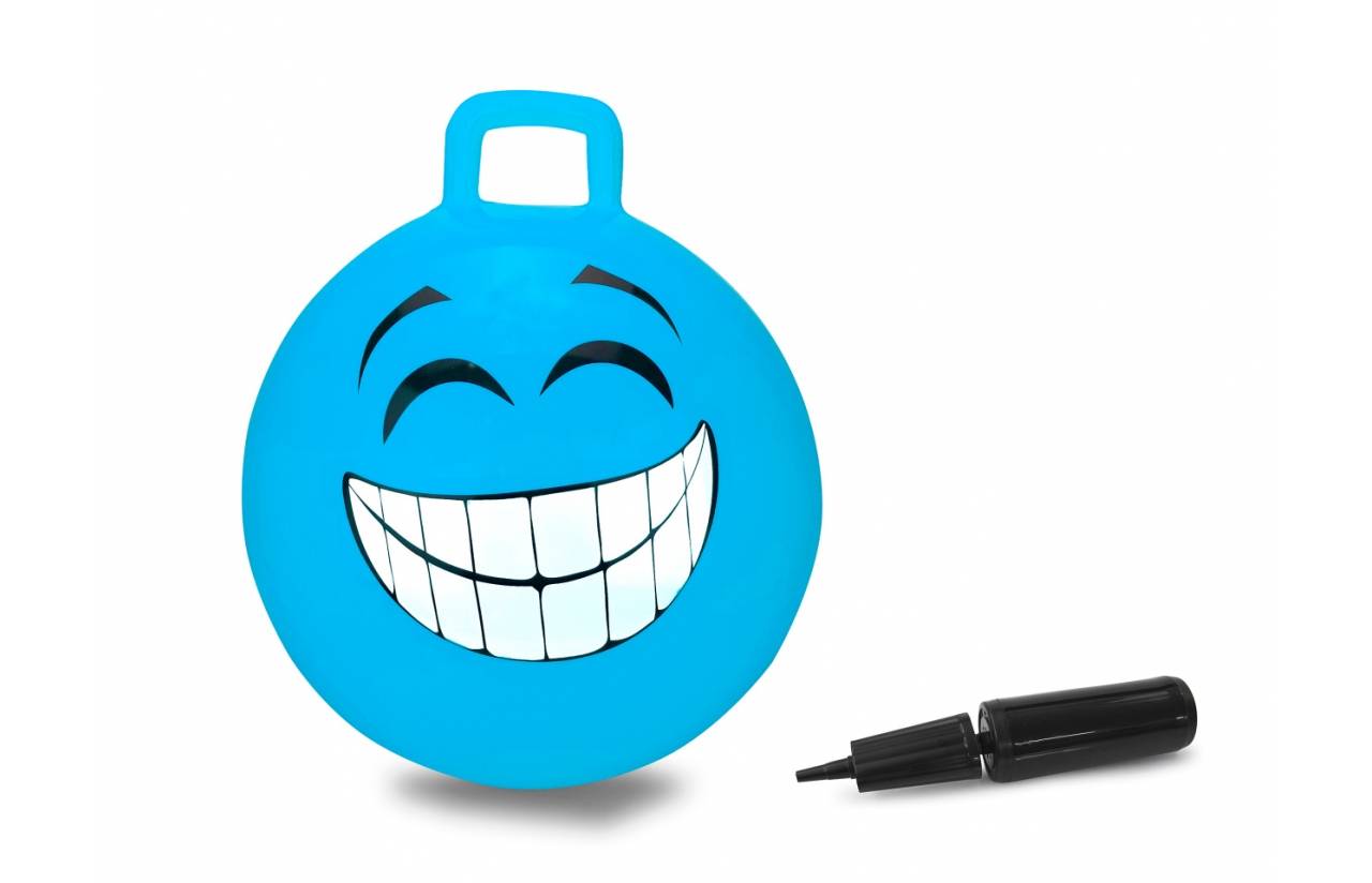 Blauer lächelnder Weihnachtsschmuck mit einer Aufhängeschlaufe, dargestellt neben einem schwarzen Marker auf weißem Hintergrund.