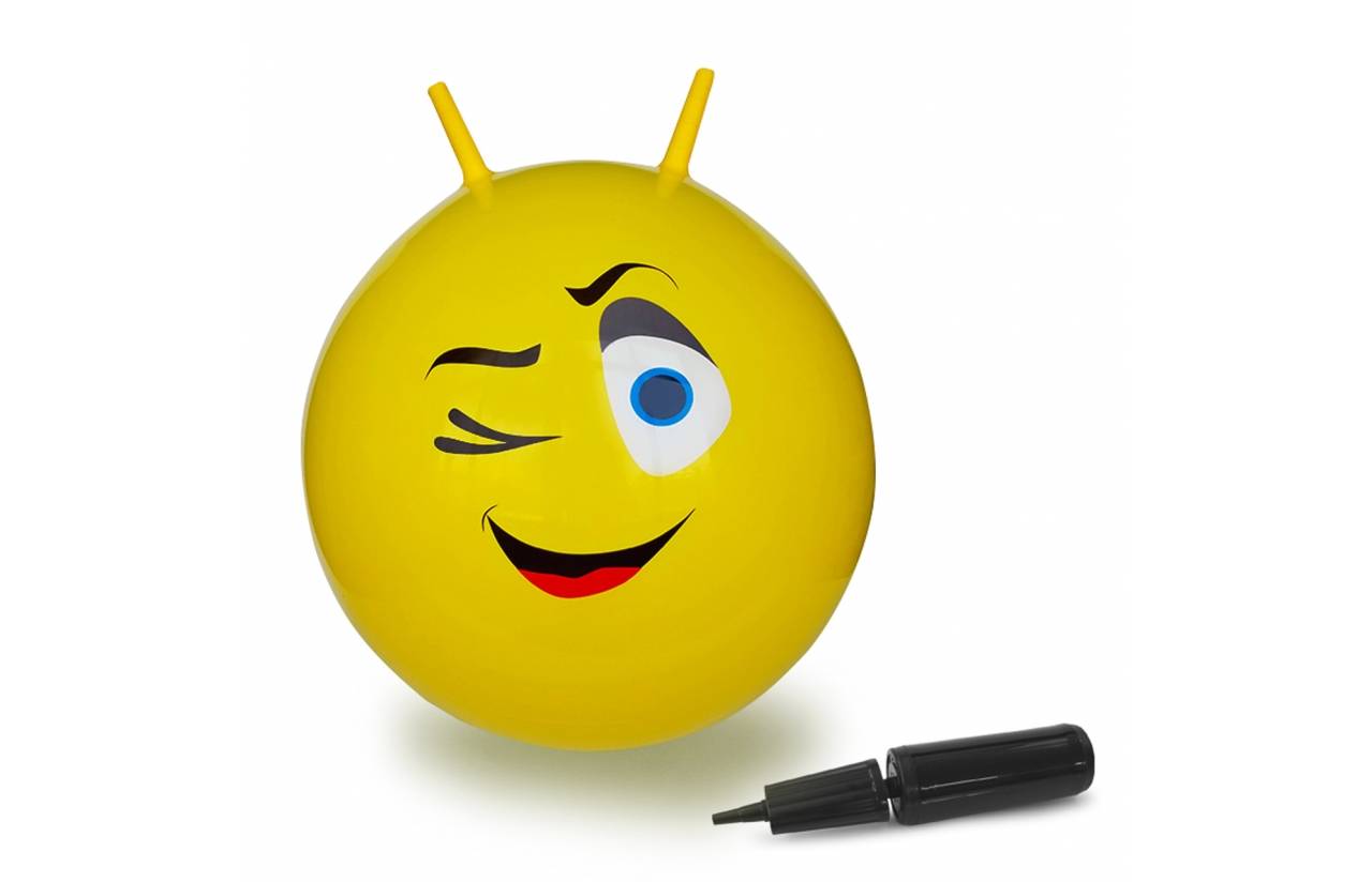 Gelber zwinkernder Emoji-Ball mit zwei antennenähnlichen Noppen, neben einem schwarzen Marker auf weißem Hintergrund gezeigt.