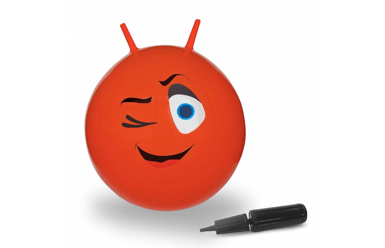 Rotes blinzendes Emoji-Ballon mit zwei oberen Laschen, dargestellt neben einem schwarzen Marker-Stift auf weißem Hintergrund.