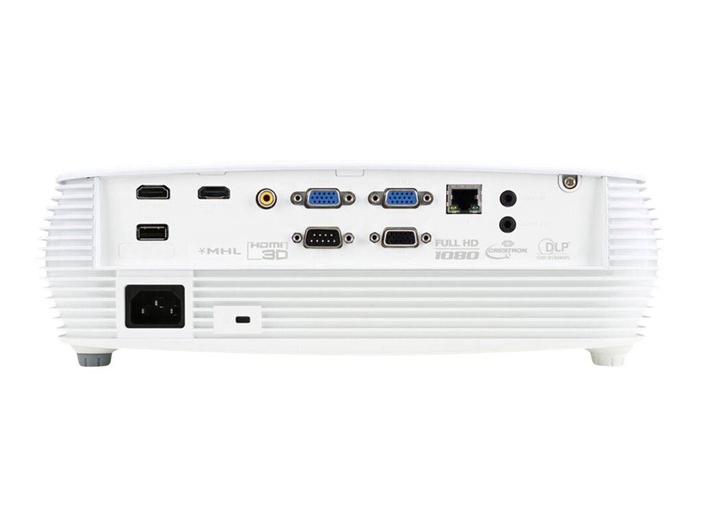 Rückansicht eines weißen Projektors mit Ein- und Ausgabeanschlüssen, einschließlich HDMI, VGA, Audio-, USB- und Stromverbindungen.