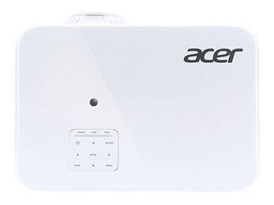 Weißer Acer-Projektor von oben gesehen, mit Logo auf der rechten Seite, ein Objektiv nahe der Oberkante in der Mitte und ein kleines Bedienfeld auf der unteren linken Seite.