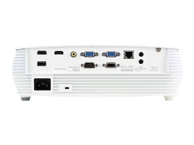 Rückansicht eines weißen Projektors mit mehreren Eingabeanschlüssen, einschließlich HDMI, VGA, USB, Ethernet und Audioanschlüssen.