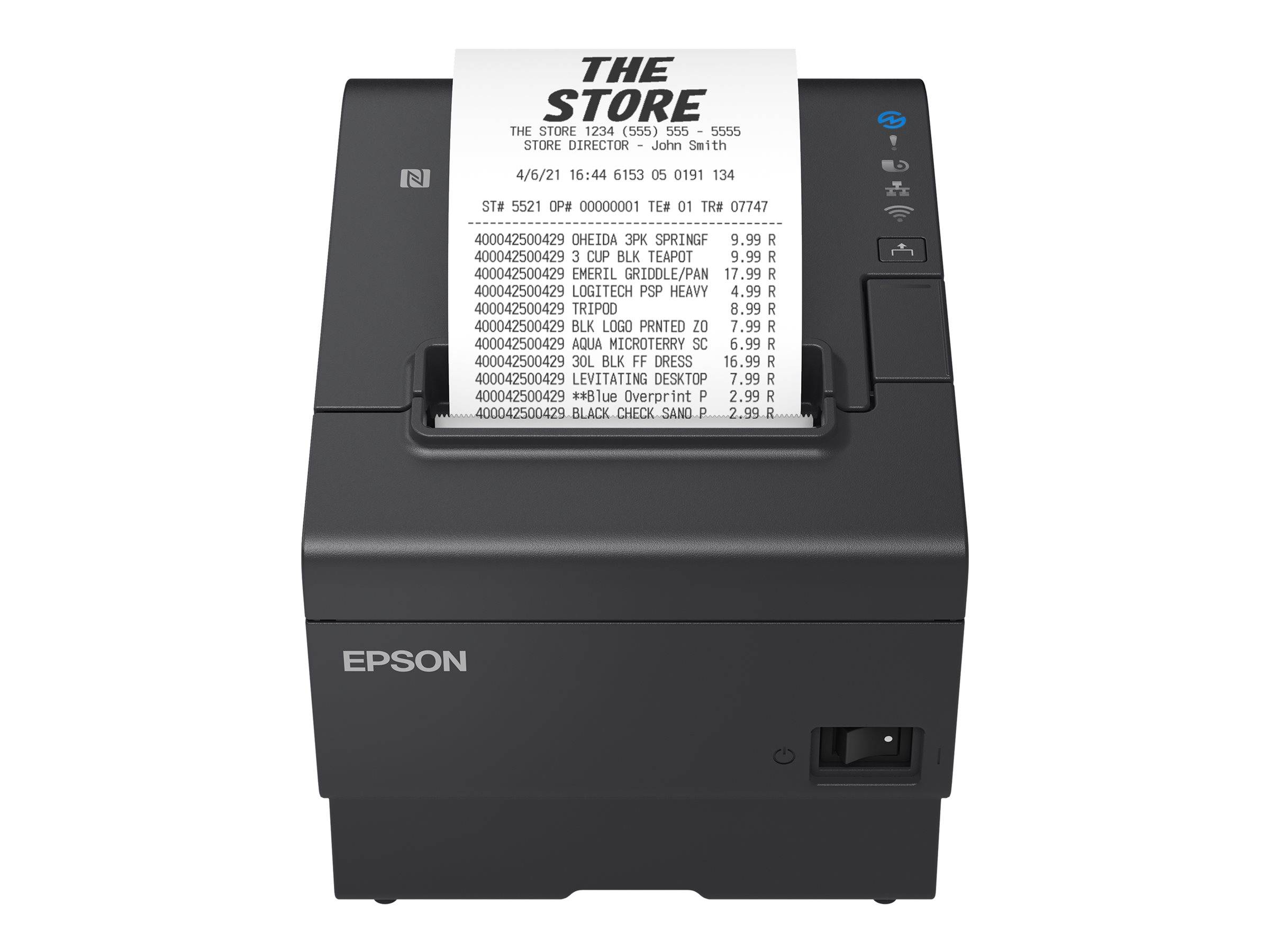 Epson-Bondrucker druckt einen Kassenbon eines Geschäfts mit der Bezeichnung „THE STORE