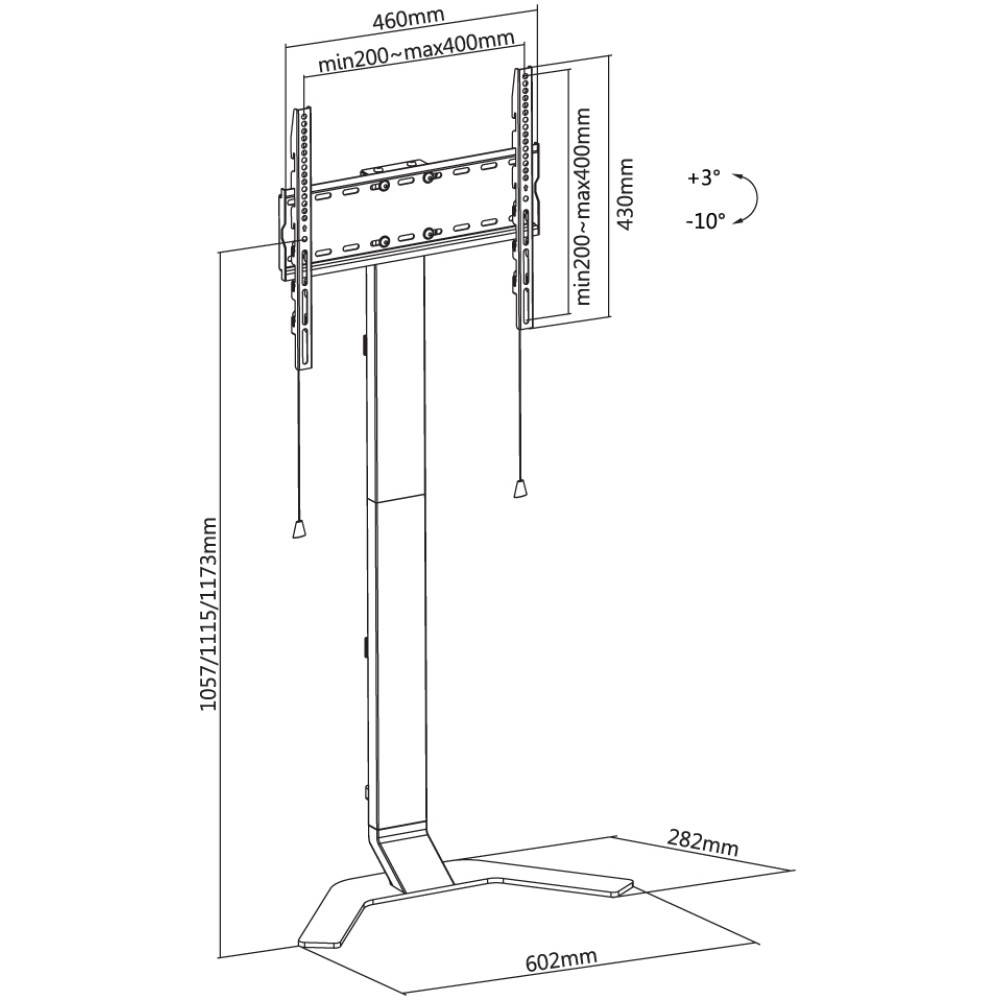 Technisches Diagramm einer Boden-TV-Halterung mit Abmessungen und Neigungsbereich: 602 mm Basis, 460 mm obere Breite, 430 mm Halterungshöhe und +3° bis -10° Verstellung.