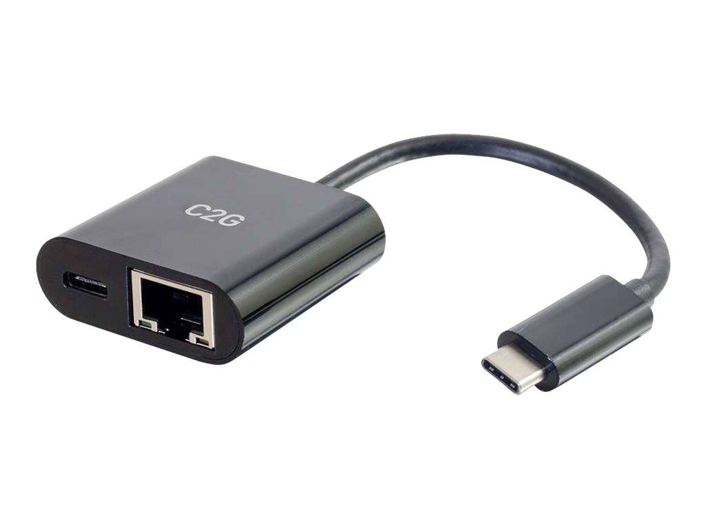 USB-C-Adapter mit USB-C-Stecker, Ethernet-Anschluss und USB-C-Durchgangsport zum Laden und für kabelgebundene Netzwerkverbindung.