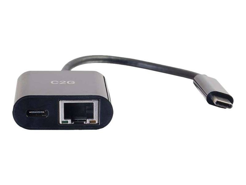 USB-C zu Ethernet-Adapter mit USB-C-Durchgangsport, dargestellt auf weißem Hintergrund.
