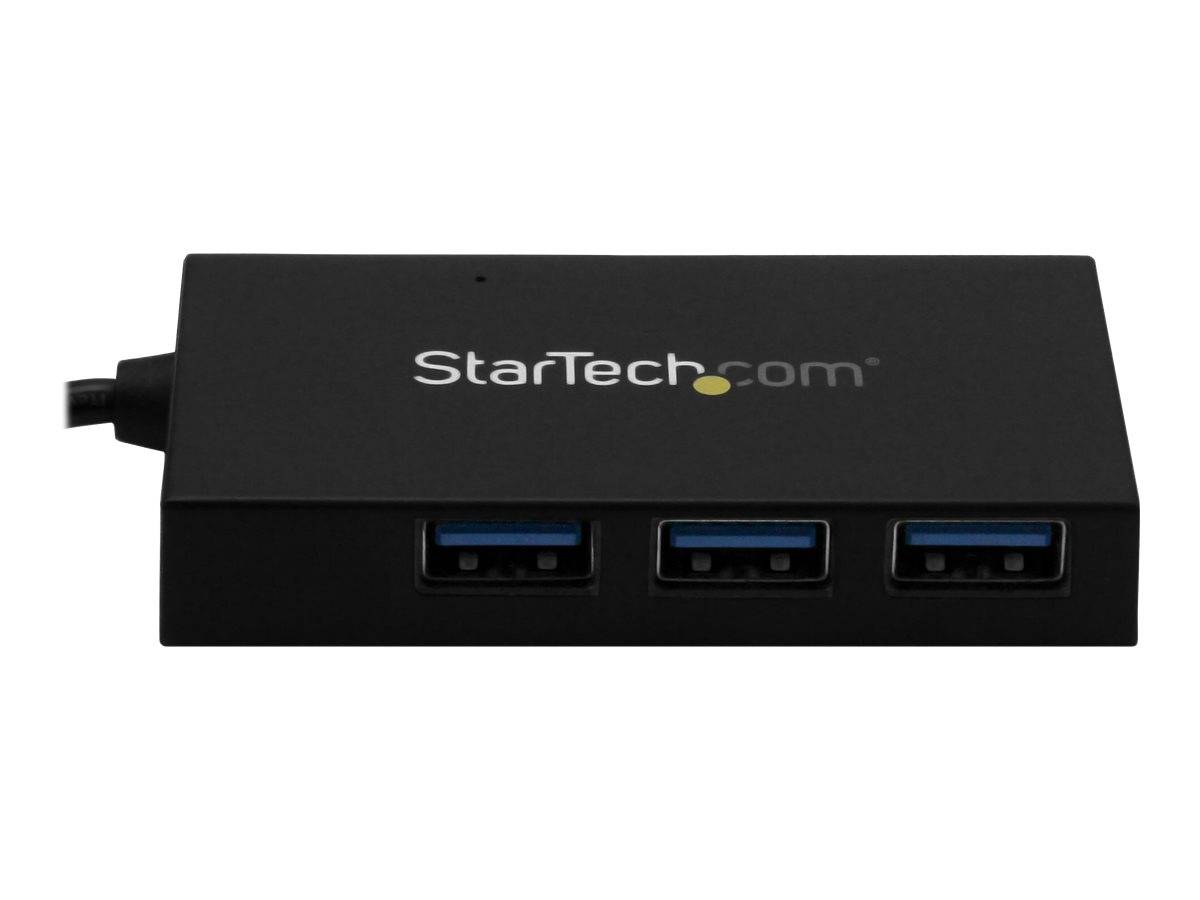 Black StarTech.com USB-Hub mit drei vorderen USB-A-Anschlüssen und einem angeschlossenen Kabel auf der linken Seite