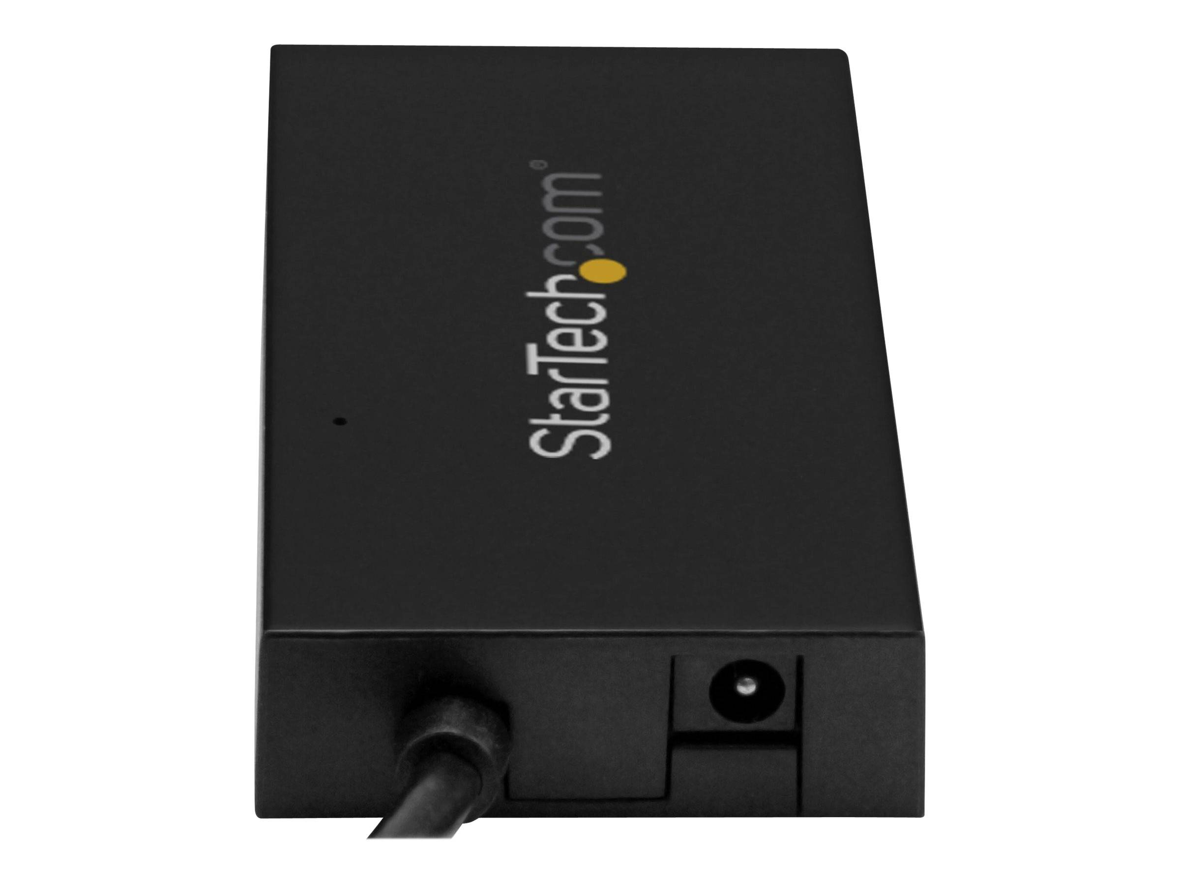 Schwarzes ShareTech.com Stromadaptergehäuse mit angeschlossenem Kabel und rundem Gleichstromsteckerport.