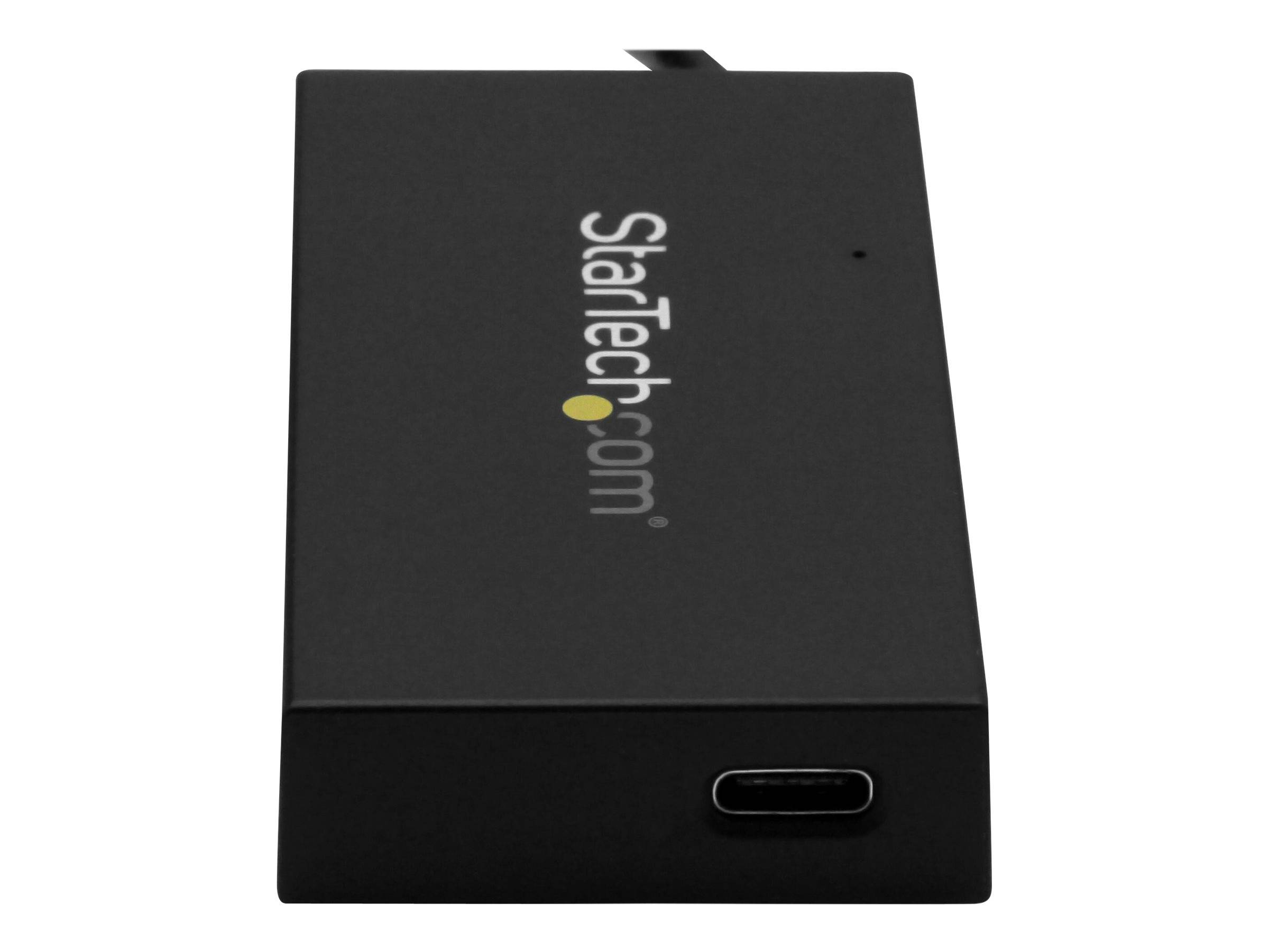 Black StarTech.com externe Gerätegehäuse mit USB-C-Anschluss, dargestellt auf weißem Hintergrund.