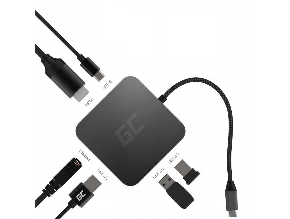 USB-C-Dockingstation mit HDMI, Ethernet und mehreren USB 3.0-Anschlüssen, dargestellt mit verbundenen Kabeln auf weißem Hintergrund.