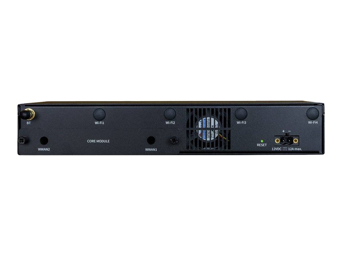 Schwarzes Netzwerkgerät mit Frontblende mit BT-Antennenbuchse, WAN-/Seriellports, WLAN-Indikatoren, Kühlventilator, Reset-Taste und Stromeingang