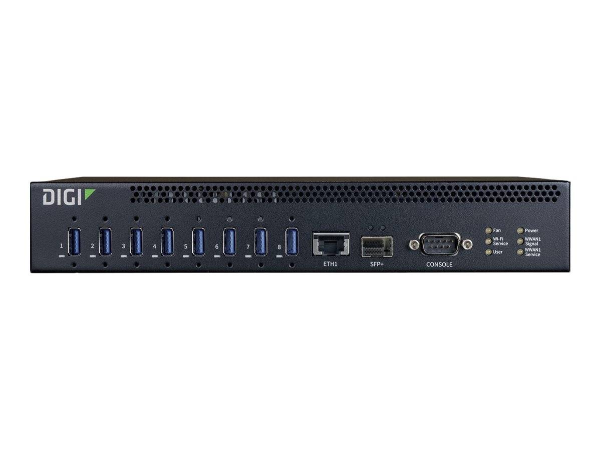 Vorderansicht eines Digi-Netzwerk-Servers mit mehreren USB-Anschlüssen, zwei Ethernet-Anschlüssen, einem Konsolenport und Status-LEDs auf einem schwarzen Gehäuse im Rack-Stil.