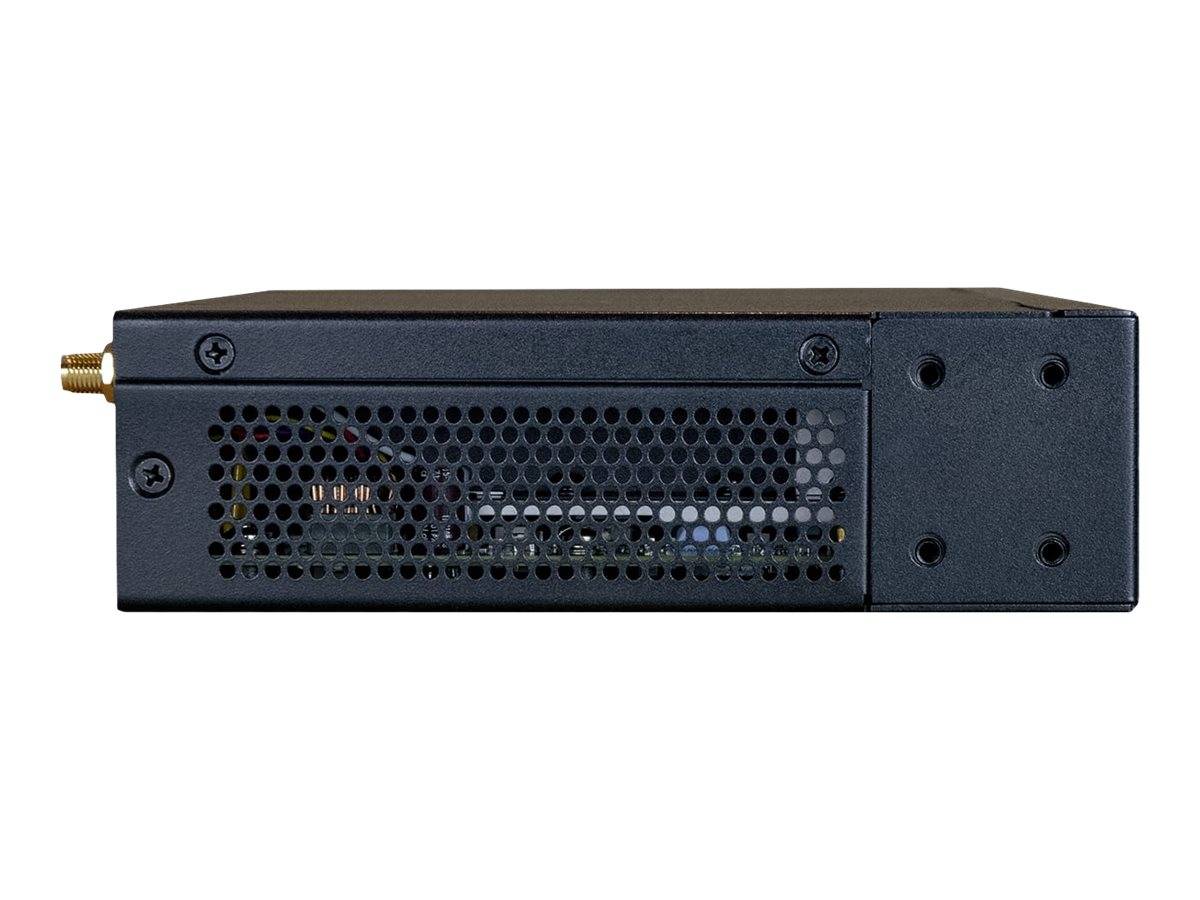 Schwarzes rechteckiges elektronisches Gerät mit einem perforierten Seitenpanel und einem goldenen Stecker, der aus dem linken Ende herausragt, auf weißem Hintergrund dargestellt.