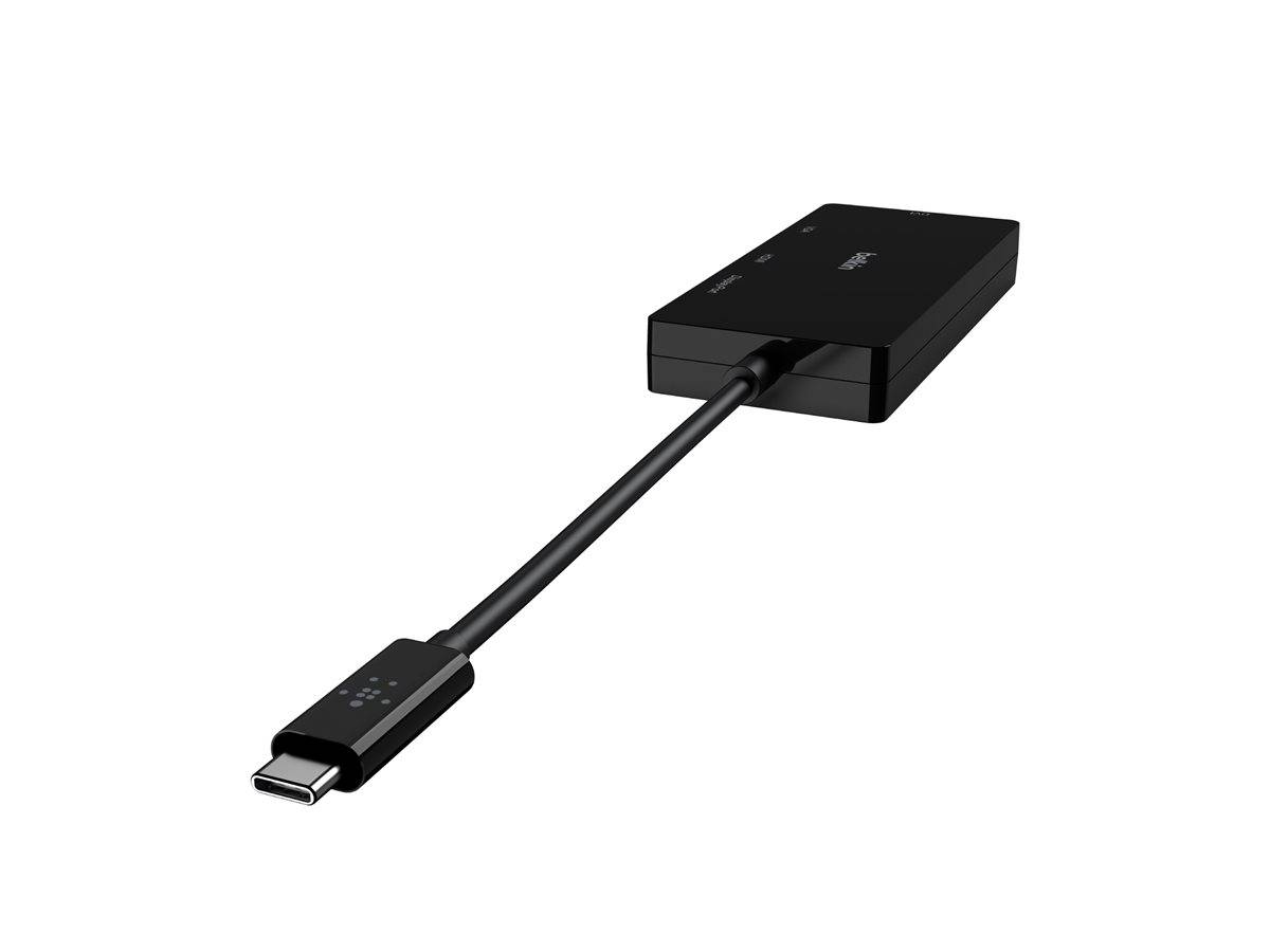 Schwarzer USB-C-Adapter-Dongle mit kurzem Kabel und rechteckiger Steckverbindungsbox auf weißem Hintergrund.