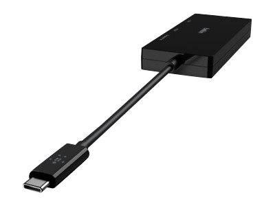 USB-C-Adapterkabel mit schwarzem rechteckigem Hub, auf weißem Hintergrund dargestellt.