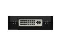 Nahaufnahme eines DVI-Videoanschlussanschlusses mit einem Gitter von Stiften und vier umgebenden Schraubenlöchern auf einer schwarzen Geräteplatte.