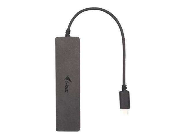 Schwarzer i-Tec USB-C-Adapter-Hub mit einem kurzen angebrachten Kabel und Stecker, gezeigt auf weißem Hintergrund.