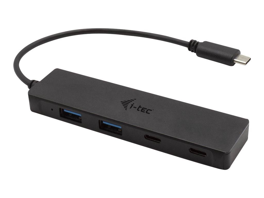 Schwarzer USB-C-Hub mit zwei USB-A-Anschlüssen und zwei USB-C-Anschlüssen, mit angeschlossenem Kabel und i-tec-Logo dargestellt.