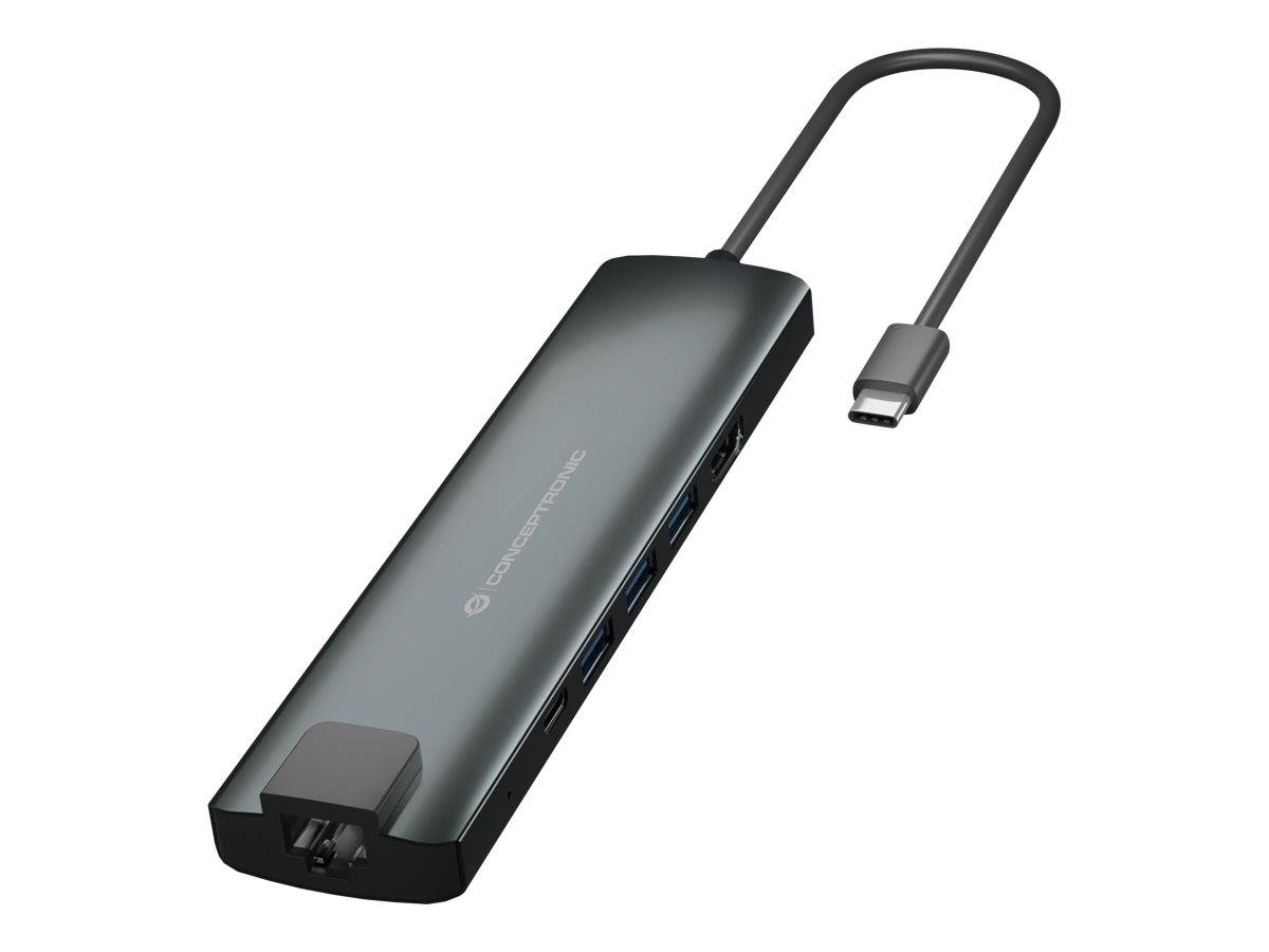 USB-C-Hub-Adapter mit mehreren USB-Anschlüssen und Ethernet-Buchse, gezeigt mit angeschlossenem USB-C-Kabel auf weißem Hintergrund