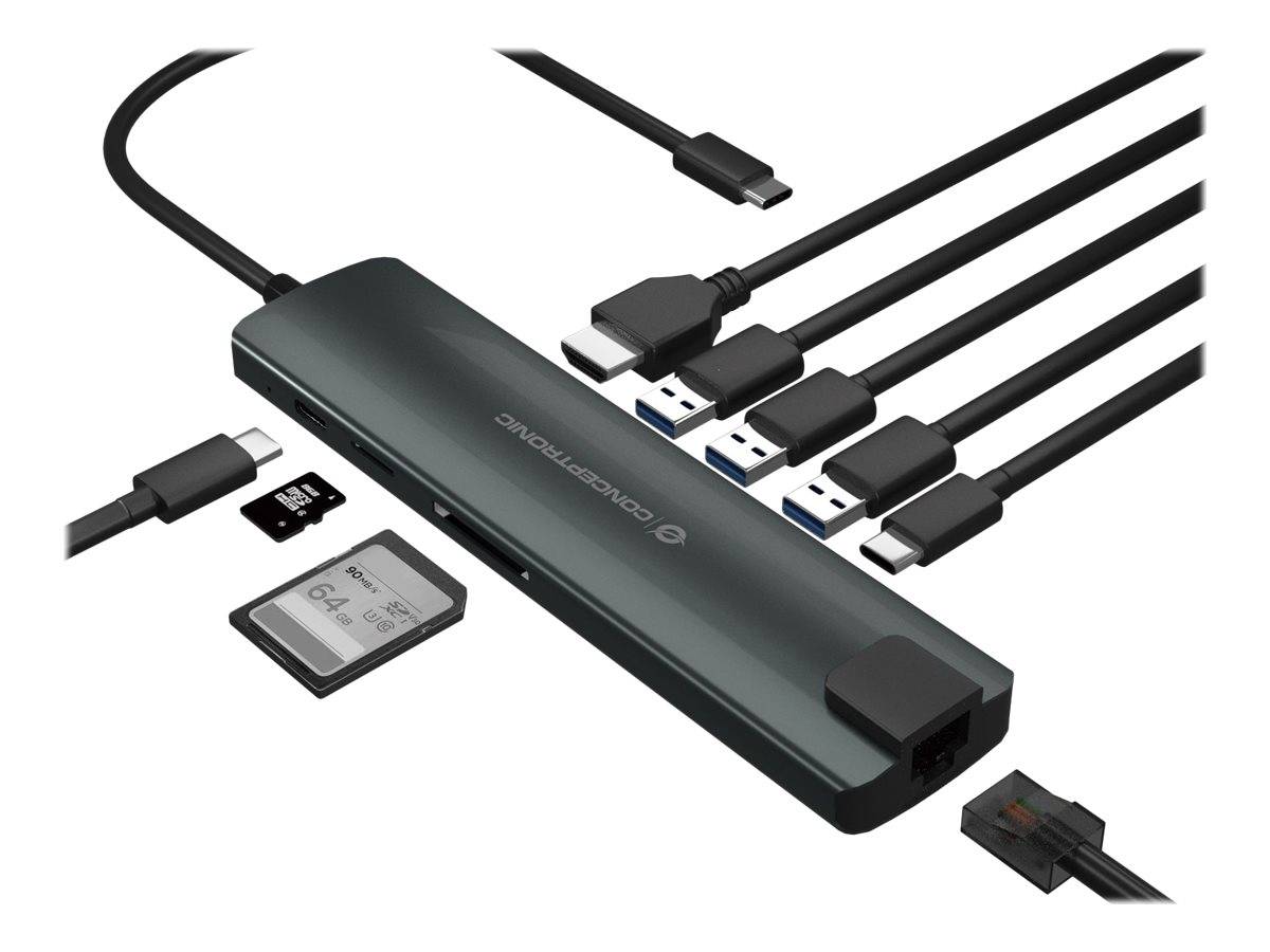 USB-C-Hub mit mehreren USB-Anschlüssen, SD-Kartensteckplatz und Ethernet-Anschluss, dargestellt mit angeschlossenen Kabeln und Speicherkarten.