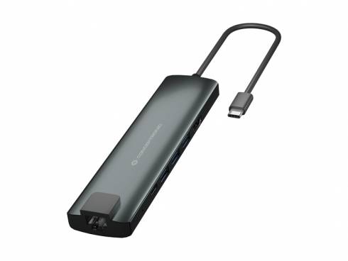 Schlanker schwarzer USB-C-Hub mit mehreren USB-Anschlüssen und einem kurzen angebrachten Kabel auf weißem Hintergrund