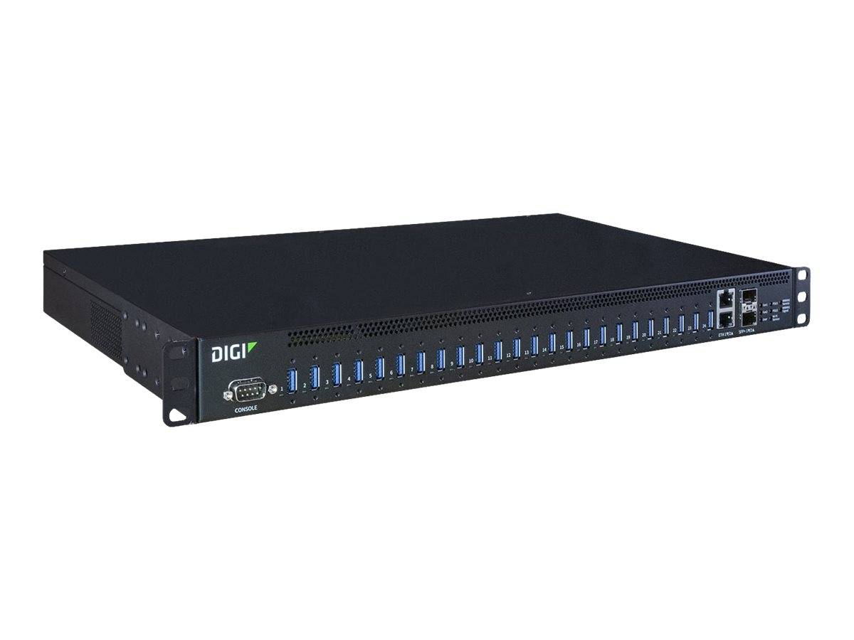 Schwarz montiertes Rack-Netzwerkgerät von DIGI mit mehreren Front-Panel-Anschlüssen und Statusanzeigen