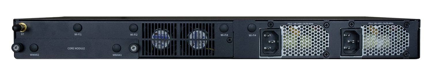 Vorderansicht eines in ein Rack eingebauten Servers oder einer Netzwerk-Appliance mit doppelten Lüftern und Stromversorgung/Statuskontrollen auf einer schwarzen Frontplatte.
