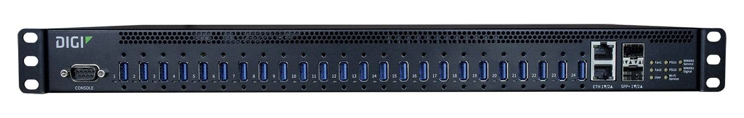 Frontansicht eines DIGI-Rackmount-Netzwerkgeräts mit mehreren USB-ähnlichen Anschlüssen, zwei Ethernet-Anschlüssen und Statusanzeigen auf der rechten Seite.