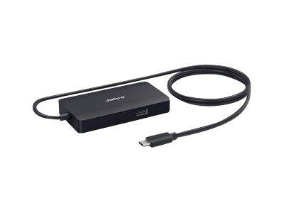 Schwarze Jabra USB-C-Adapterbox mit angeschlossenem Kabel und USB-C-Stecker auf weißem Hintergrund.