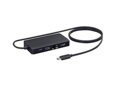 Schwarzer USB-C-Hub-Adapter mit angeschlossenem Kabel und mehreren Anschlüssen auf weißem Hintergrund.