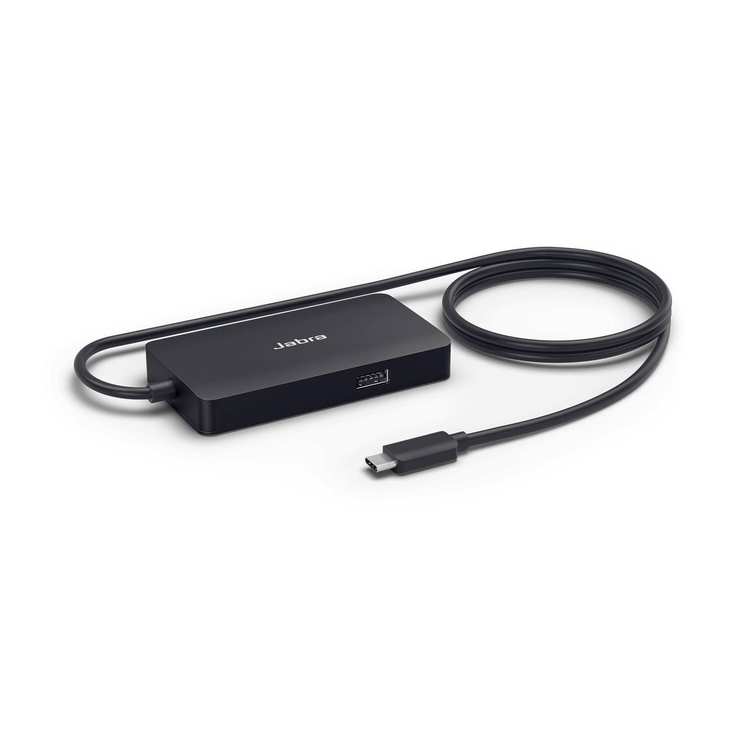 Schwarzes Jabra USB-C-Kabel mit Inline-Adapterkastchen, aufgerollt auf weißem Hintergrund gezeigt.