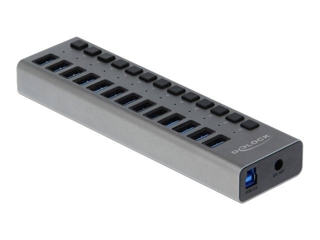 Ein grauer USB 3.0-Hub mit mehreren USB-A-Anschlüssen, einem blauen USB-Upstream-Port und einem DC-Stromanschluss.