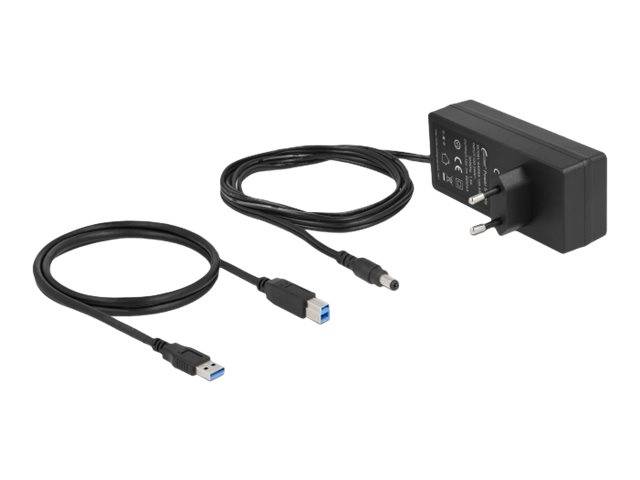 USB-Kabel und Netzteil mit zwei Kabelenden: USB-A auf USB-B auf einem Kabel und eine Hohlsteckverbindung auf dem anderen.