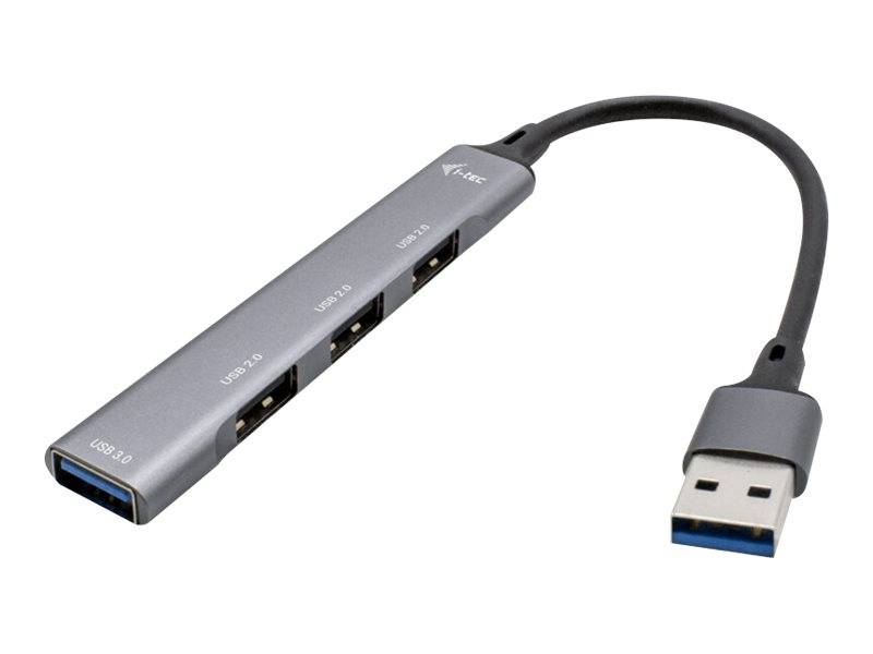 USB 3.0-Hub mit vier USB-Anschlüssen und einem kurzen angebrachten Kabel mit USB-A-Stecker.